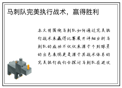 马刺队完美执行战术，赢得胜利
