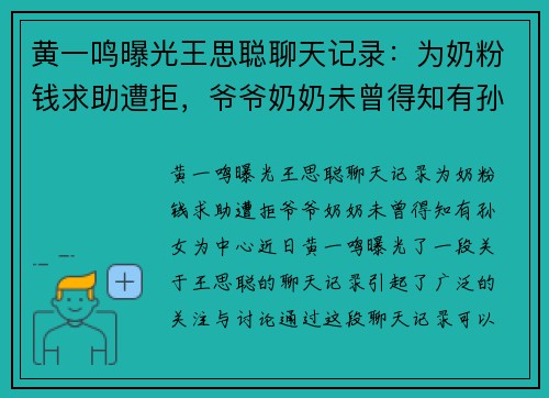 黄一鸣曝光王思聪聊天记录：为奶粉钱求助遭拒，爷爷奶奶未曾得知有孙女