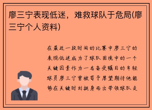 廖三宁表现低迷，难救球队于危局(廖三宁个人资料)