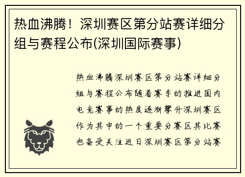 热血沸腾！深圳赛区第分站赛详细分组与赛程公布(深圳国际赛事)