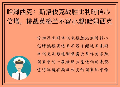哈姆西克：斯洛伐克战胜比利时信心倍增，挑战英格兰不容小觑(哈姆西克简介)