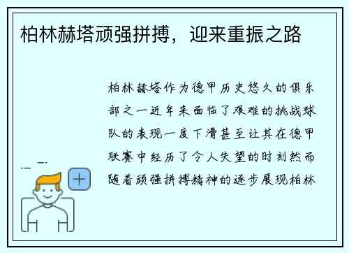 柏林赫塔顽强拼搏，迎来重振之路