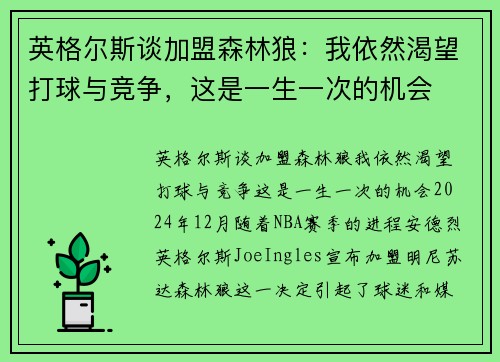 英格尔斯谈加盟森林狼：我依然渴望打球与竞争，这是一生一次的机会